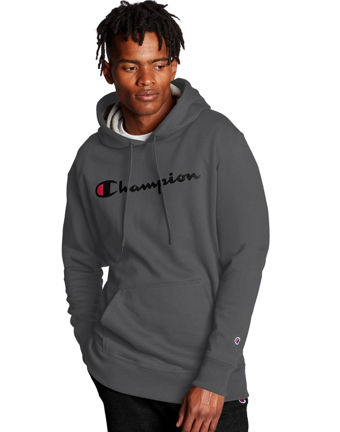 Champion Powerblend Script Logo Erkek Kapşonlu Sweatshirt Koyu Gri ( ISAGBO520 )